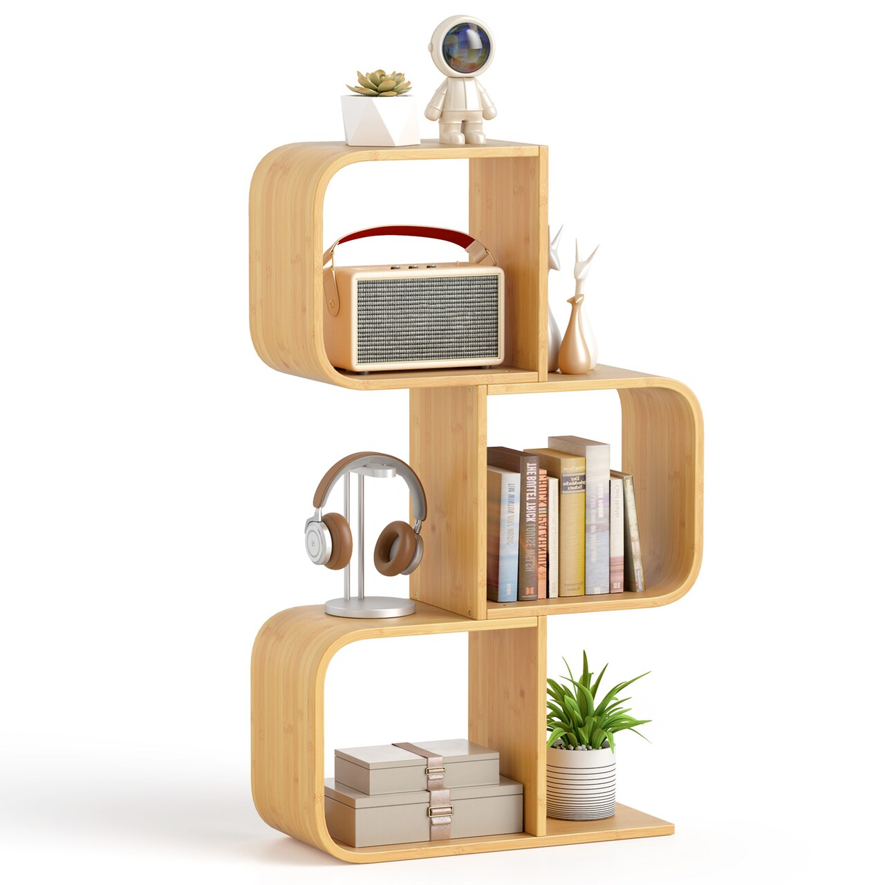 Costway 1/2 PCS 2 Tier S-Shaped Bookcase with 2 Open Cubes Geometric Corner Display Shelf